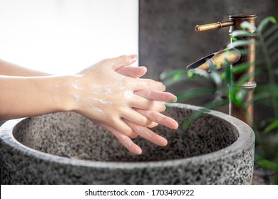 Wash Your Hands Often With Soap And Water For At Least 20 Seconds  For Preventing The Spread Of Coronavirus (COVID-19). Hand Washing Steps 4. Beijing China. Date:April 8, 2020