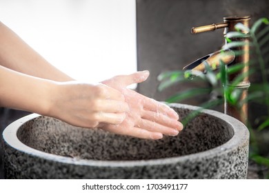 Wash Your Hands Often With Soap And Water For At Least 20 Seconds  For Preventing The Spread Of Coronavirus (COVID-19). Hand Washing Steps 1. Beijing China. Date:April 8, 2020