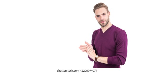 Wash Your Hands Thoroughly To Remove Germs. Guy Rub Hands Together. Alcohol Handrub. Man Face Portrait, Banner With Copy Space.