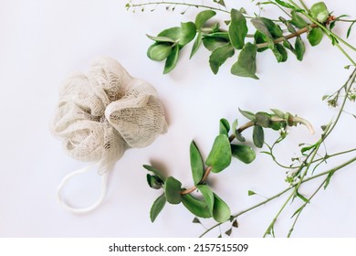 Washcloth Shower Sponge On A Background With Green Plants.