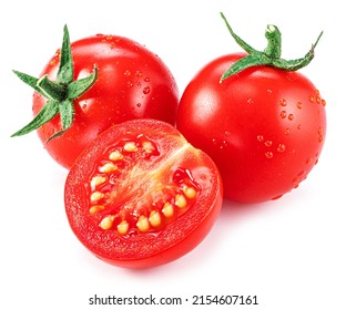 Washed cherry tomatoes with water drops isolated on white background. Macro shot. Popular worldwide product as ingredient in many mediterranean dishes.