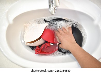 Washing Bras In The Basin Or Sink.  Washing Clothes By Hand. 