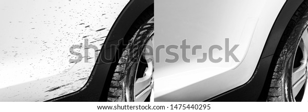 Washing car bitumen stain. Car wash service before and\
after washing. Cleaning maintenance. Half divided picture. Before\
and after effect. Washing vehicle at the station. Car washing\
concept. 