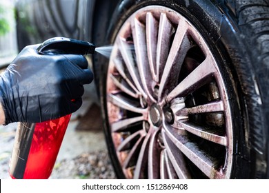 Washing The Car. Cleaning Aluminum Wheels. Car Wash.