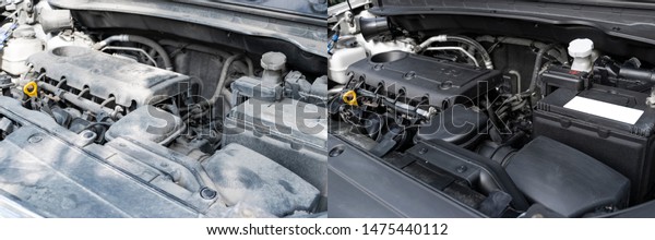 Washing car engine. Car wash service before and after\
washing. Cleaning maintenance. Half divided picture. Before and\
after effect. Washing vehicle engine at the station. Car washing\
concept. 