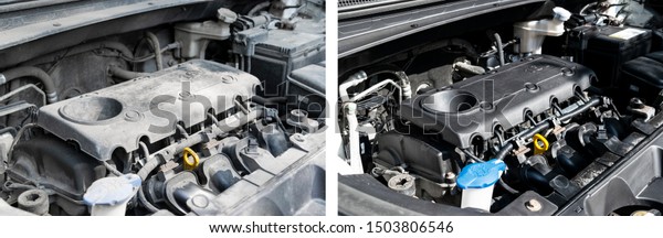 Washing car engine. Car wash service before and after\
washing. Before and after cleaning maintenance. Half divided\
picture. Before and after effect. Washing vehicle engine. Car\
washing concept. 
