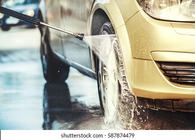 Washing Car With Soap. Close Up Concept.