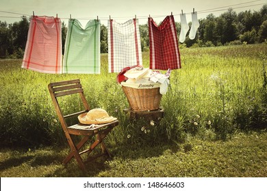 Washing day with laundry on clothesline - Powered by Shutterstock