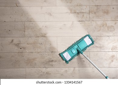 Washing Of Dirty Floor With Mop, Top View. Space For Text