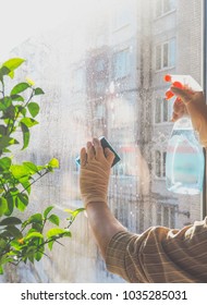 Washing Dirty Window Glass Detergent.