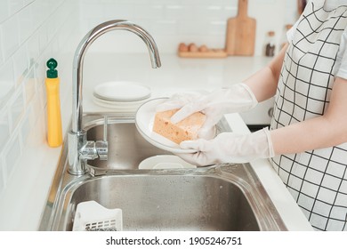 Washing dishes. Washing the plate.
