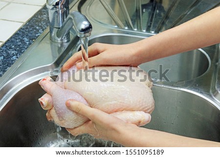 Washing A Fresh Raw Chicken Under Tap Water In The Kitchen Sink Risking The Chance Of Spreading Bacteria To Surrounding Surfaces.