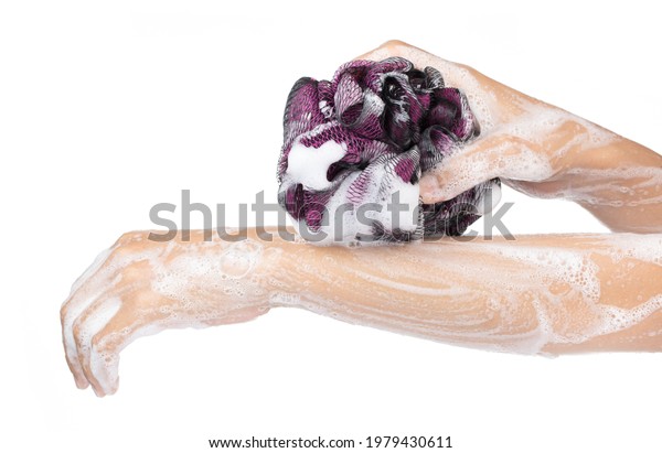 Washing of hands with soap and sponge Isolated\
on white background