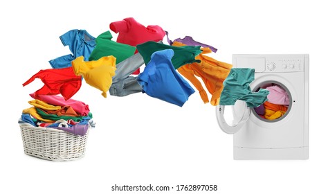 Washing Machine And Flying Clothes On White Background, Banner Design 