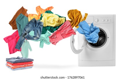 Washing Machine And Flying Clothes On White Background