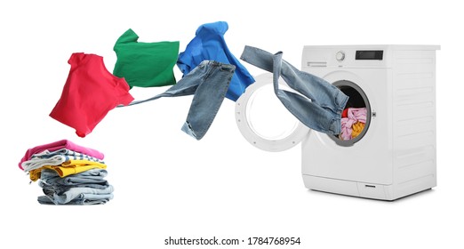 Washing machine and flying clothes on white background, banner design 