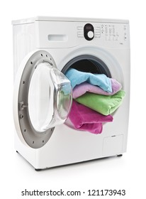 Washing Machine With Laundry Isolated On White