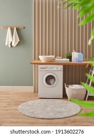 Washing Machine In The Laundry Room Style, Interior Concept, Dirty Clothes Decor Coffee Table With Vase Of Plant. Wooden Bench, Sink And Towel.