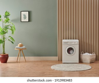Washing machine in the laundry room style, interior concept, dirty clothes decor coffee table with vase of plant.