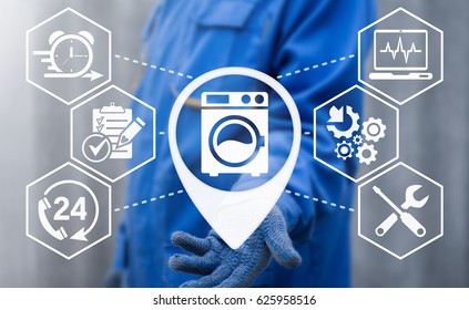 Washing Machine Repair Service. Repairer Offers Location Washer Icon On Virtual Screen. Technical Repairs. Laundry Maintenance. Fix Household Appliances.