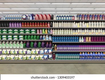 Washing Up Powder And Liquid Detergent On Shelf In Supermarket With Colorful And Blanco Labels. Suitable For Presenting New  Detergent Product And New Designs Of Labels Among Many Others.