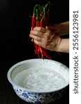 Washing Sichuan Erjingtiao red chili peppers placed in a blue and white porcelain basin in China