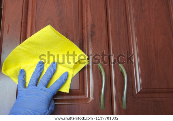 Washing Wooden Cabinets Kitchen Blue Rubber Stock Photo Edit Now