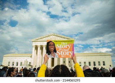 WASHINGTON APRIL 8: The confirmation of Judge Ketanji Brown Jackson as the next justice of the United States Supreme Court is celebrated outside the court in Washington DC on April 8, 2022