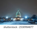 Washington D. C. in winter snow. Capitol Building in night. Washington city Capitol. United States Capital. USA landmark. Supreme Court. Washington D.C. Night Washington Capital city.