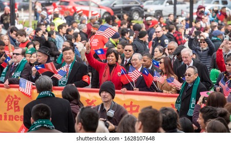 Washington DC, 01 26 2020. DC Mayor Muriel Bowser, Center In Red Coat, Leads The Chinese New Year Parade, January 26, 2020, Washington, DC.