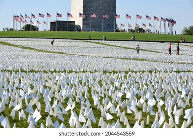 Washington DC 09 20 2021. More than 600,000 white flags honor lives lost to COVID, on the National Mall. The art installation  " In America: Remember" was created by Suzanne Brennan Firstenberg.