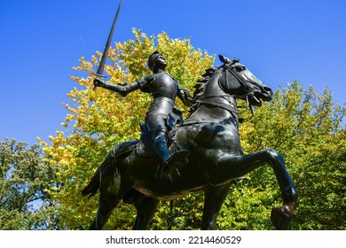 Washington DC 10 15 2022. Bright Autumn Leaves Frame The Bronze Equestrian Statue Of Joan Of Arc In Meridian Hill Park, Washington, DC.