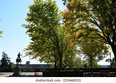 Washington DC 10 15 2022. Bright Autumn Leaves Frame The Bronze Equestrian Statue Of Joan Of Arc In Meridian Hill Park, Washington, DC.