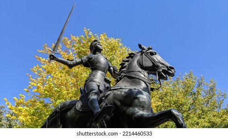 Washington DC 10 15 2022. Bright Autumn Leaves Frame The Bronze Equestrian Statue Of Joan Of Arc In Meridian Hill Park, Washington, DC.