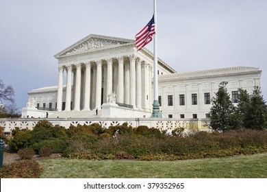 WASHINGTON, DC -19 FEBRUARY 2015- Flag Flying At Half-mast On The Supreme Court Building To Pay Respect To The Late Justice Antonin Scalia.