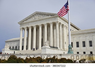 WASHINGTON, DC -19 FEBRUARY 2015- Flag Flying At Half-mast On The Supreme Court Building To Pay Respect To The Late Justice Antonin Scalia.