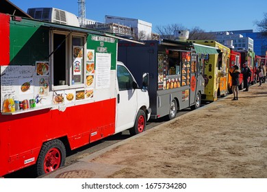 WASHINGTON, DC -22 FEB 2020- View Of A Long Line Of Food Trucks Queued Up On The National Mall In Washington, DC.