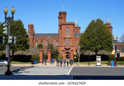 WASHINGTON, DC -23 FEB 2020- View of the Smithsonian Institution Building (the Smithsonian Castle) near the National Mall in the nation’s capital.