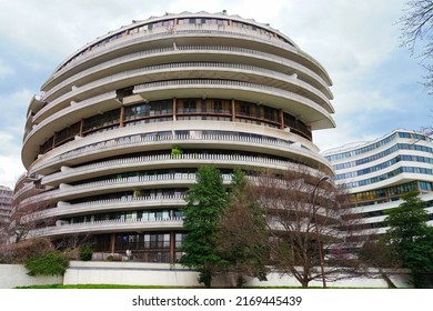 WASHINGTON, DC -25 MAR 2022- View Of The Watergate Building Complex In Washington DC, Famous For The Nixon Scandal.