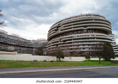 WASHINGTON, DC -25 MAR 2022- View Of The Watergate Building Complex In Washington DC, Famous For The Nixon Scandal.