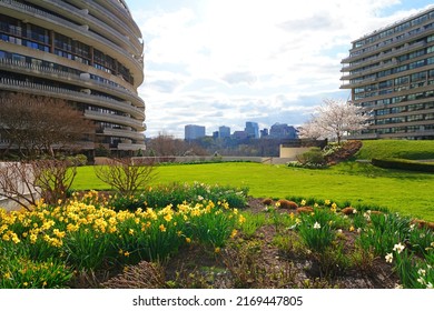 WASHINGTON, DC -25 MAR 2022- View Of The Watergate Building Complex In Washington DC, Famous For The Nixon Scandal.