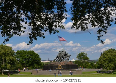 WASHINGTON DC - 25 MAY 2014: Iwo Jima Memorial In Washington DC, USA. The Memorial Framed With Flower Bouquets During Memorial Day Week.