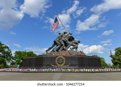 WASHINGTON DC - 25 MAY 2014: Iwo Jima Memorial In Washington DC, USA. The Memorial Framed With Flower Bouquets During Memorial Day Week.