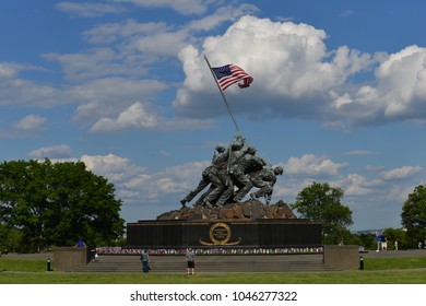 WASHINGTON DC - 25 MAY 2014: Iwo Jima Memorial In Washington DC, USA. The Memorial Framed With Flower Bouquets During Memorial Day Week.