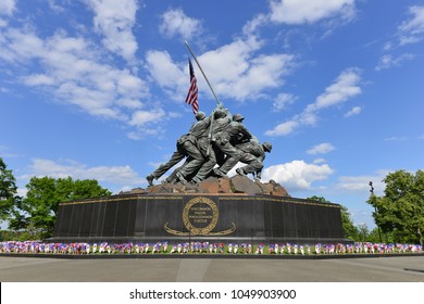 WASHINGTON DC - 25 MAY 2014: Iwo Jima Memorial In Washington DC, USA. The Memorial Framed With Flower Bouquets During Memorial Day Week.