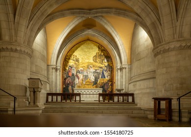 Washington, DC - 4 November 2019: Painting of Jesus above the altar in the crypt chapel of St Joseph of Arimathea
