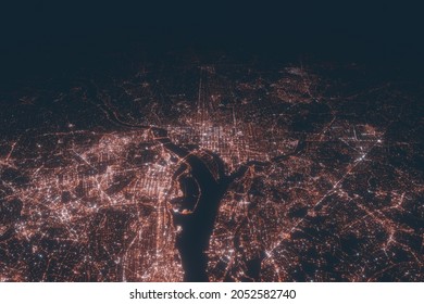 Washington DC Aerial View At Night. Top View On Modern City With Street Lights. Satellite View With Glow Effect