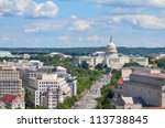 Washington DC - Aerial view of Pennsylvania street with federal buildings including US Archives building, Department of Justice and US Capitol