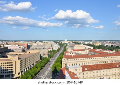 Washington DC - Aerial View Of Pennsylvania Street With Federal Buildings Including FBI Building, Archives Building, Department Of Justice And US Capitol