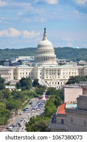 Washington D.C. - An Aerial View Of Pennsylvania Avenue With Federal Buildings Including US Archives Building, Department Of Justice, FBI Headquarters And US Capitol Hill